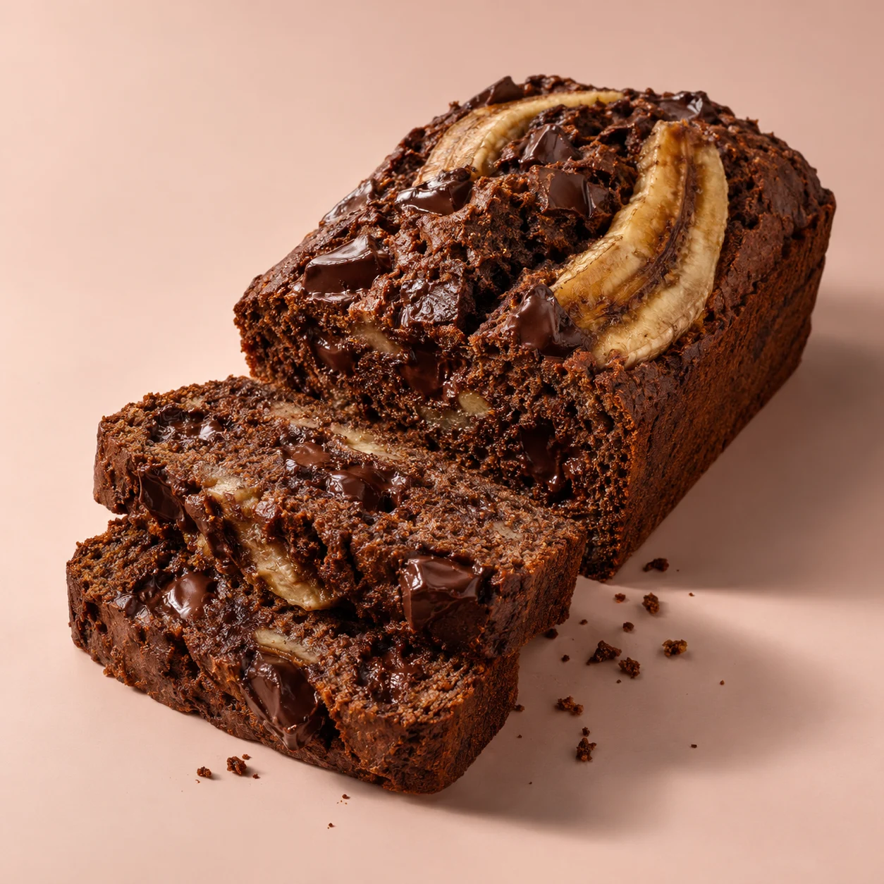 Banana bread de chocolate cortado en rebanadas con una miga jugosa