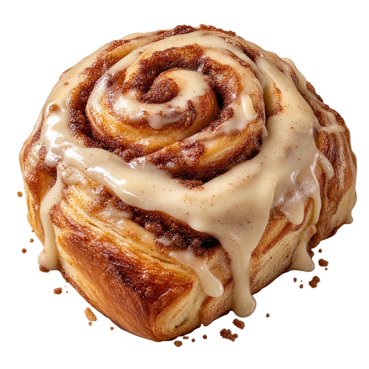 Cinnamon roll dorado con una espiral de canela y un generoso glaseado